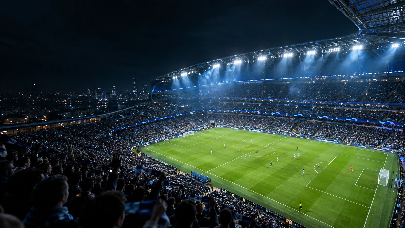 Europäische Fußballnacht in einem beleuchteten, voll besetzten Stadion